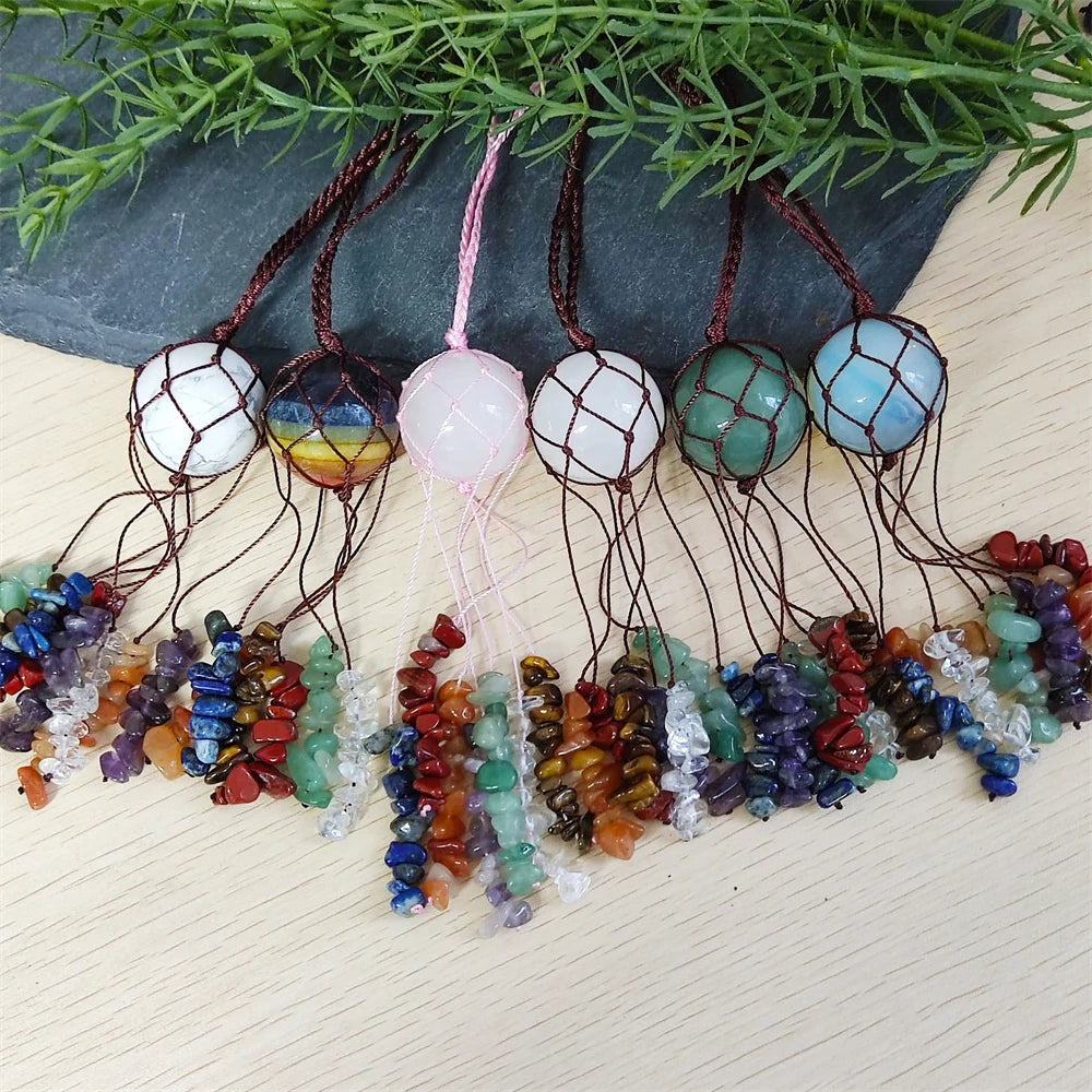 Trendy Wrapped Carved Crystal Sphere Car Hanging Decor Feng Shui Healing Crystals Natural Rose Quartz 7 Chakra Reiki Gemstone