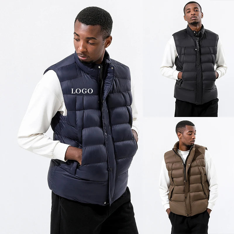 Custom logo Men's Winter Vest Soft Silk-like Poly Filling Warm Water Resistance Waist Coat for Men Zipper-up Covered Flag Vest