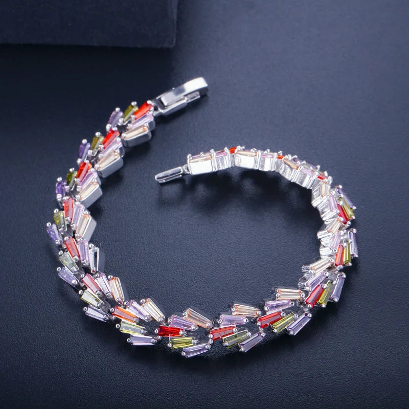 Luxury Silver Color Engagement Wedding Party Costume Jewelry Trapezoid Shaped Multi Color Cubic Zirconia Bracelets for Women