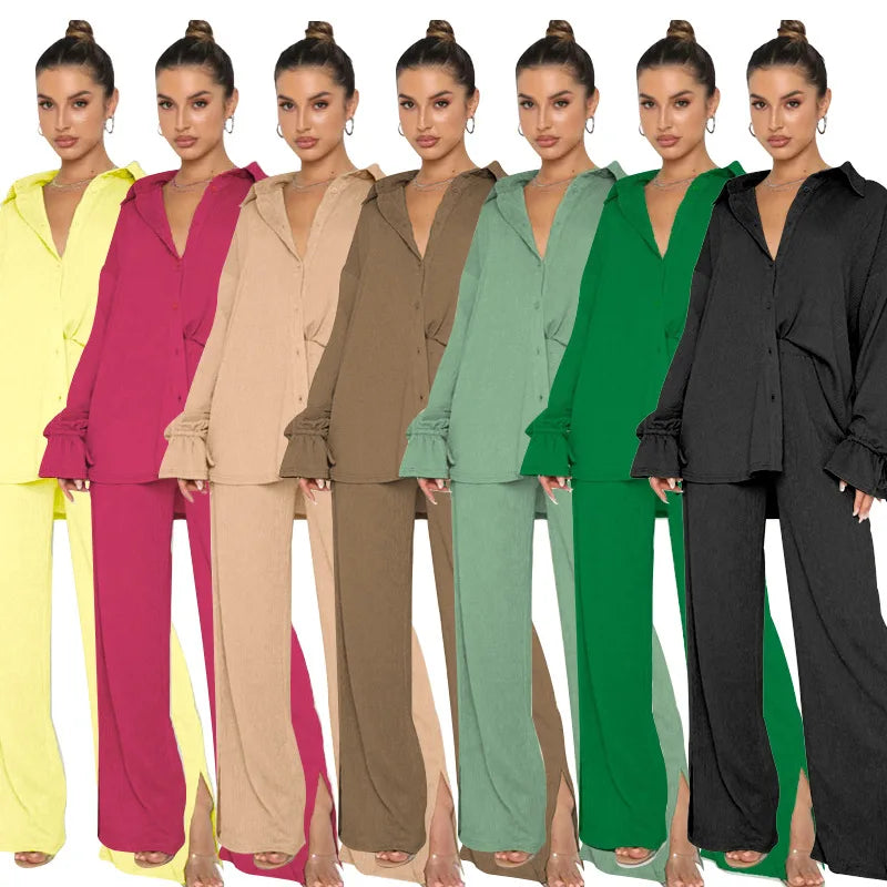 GX0813 Fashion Boutique 2 Piece Sets Trendy Ladies Spring Fall Women Drawstring Long Sleeve Shirt and Slit Pant Matching Suits