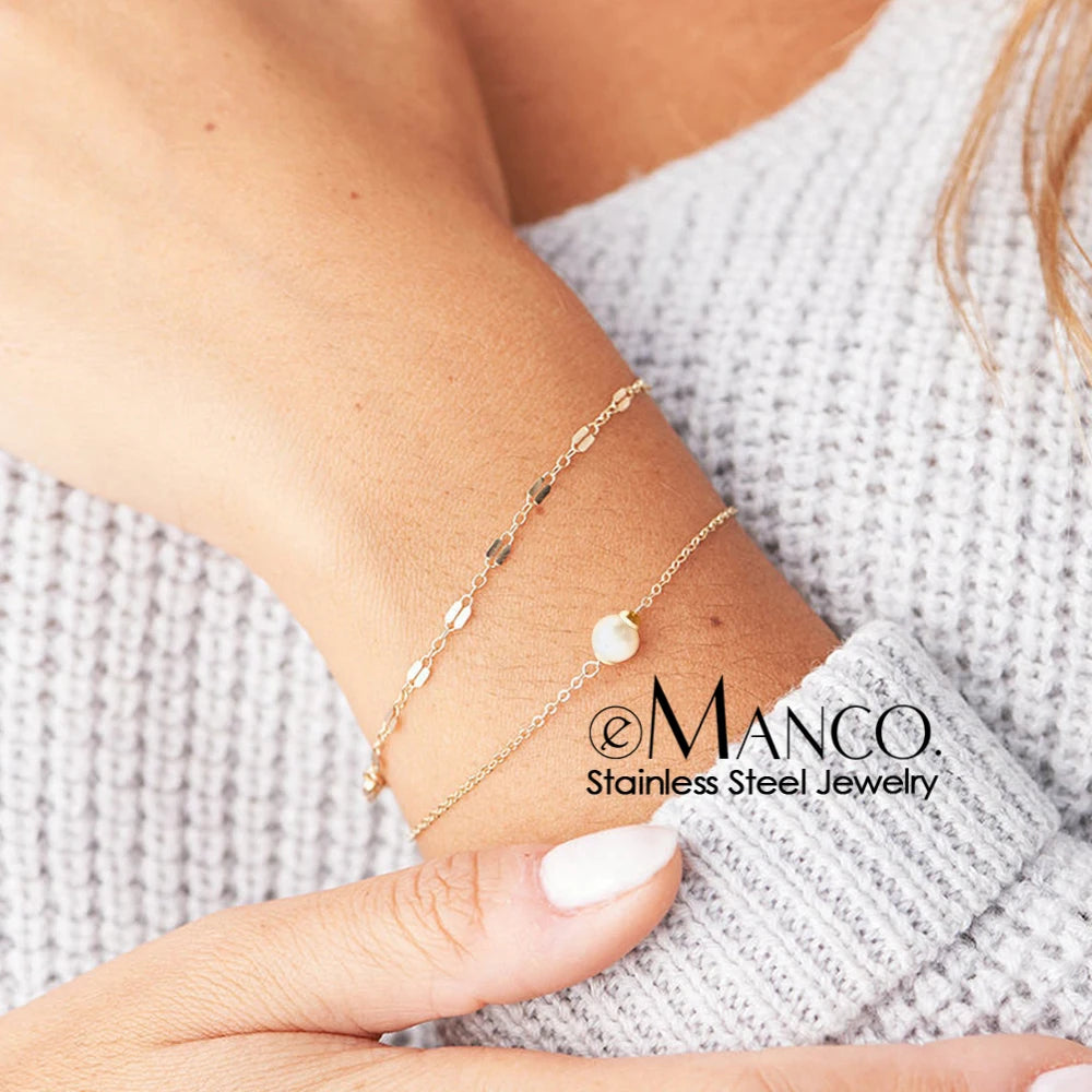 EManco Classic Women's 14K Gold Plated Stainless Steel Multi Layer Pearl Lips Chain Bracelet-Wedding Anniversary & Party Gift