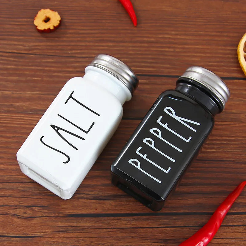 Farmhouse Glass Salt and Pepper Shakers Set Modern Kitchen Decor Square Black and White BBQ Seasoning Bottle Gift for Women