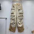 Fashion Streetwear Khaki High Waist Jean Cargo Baggy Wide Leg Pants for Women