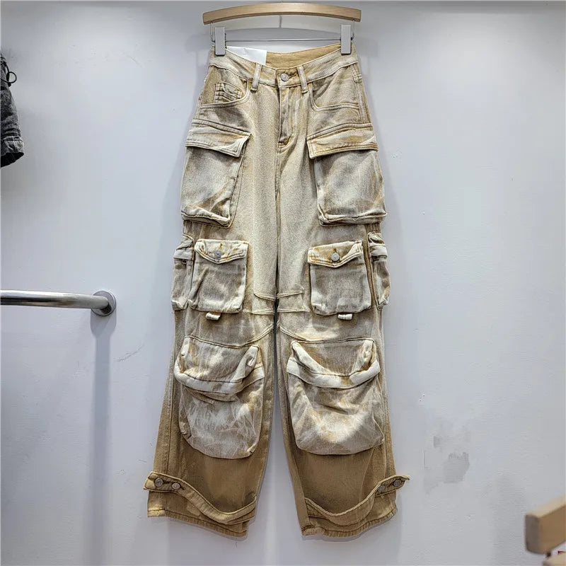 Fashion Streetwear Khaki High Waist Jean Cargo Baggy Wide Leg Pants for Women