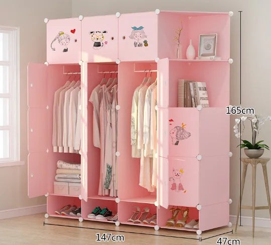 Modern 14-Door Extendable Portable Wardrobe Organizer 3 Hangers Removable Pink Plastic Clothes Organizer for Living Room Home