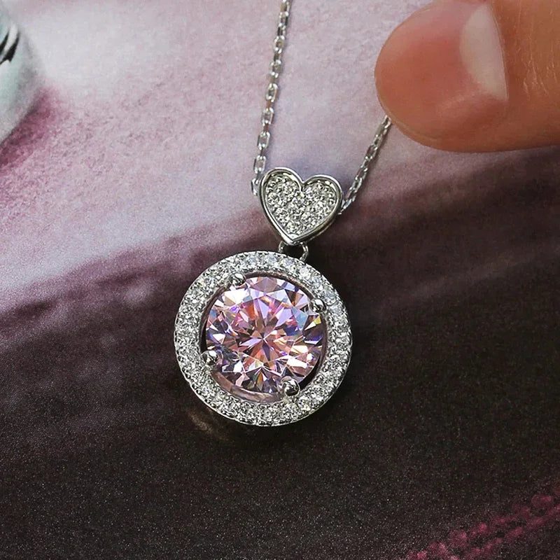 Huitan OEM Exquisite Women's Round Pink Crystal Silver Plated Necklace for Wedding Engagement Imitated Diamond Pendant Necklaces