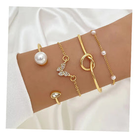VKME 4Pcs/Set Fashion Butterfly Pearl Rhinestone Gold Color Butterfly Bracelet Set