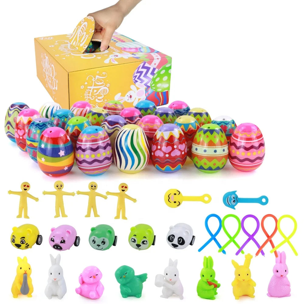 24pcs Easter Eggs Prefilled Bunny Figurines Animal Pull Back Cars Fidget Toy Inside Mystery Box Easter Stuffed Surprise Egg Toy