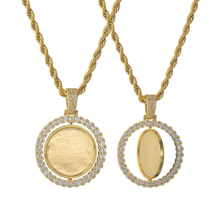 Custom Rotating Pendant Jewelry Gold Zircon Charm DIY Photo Round Pendant Necklace for Couple
