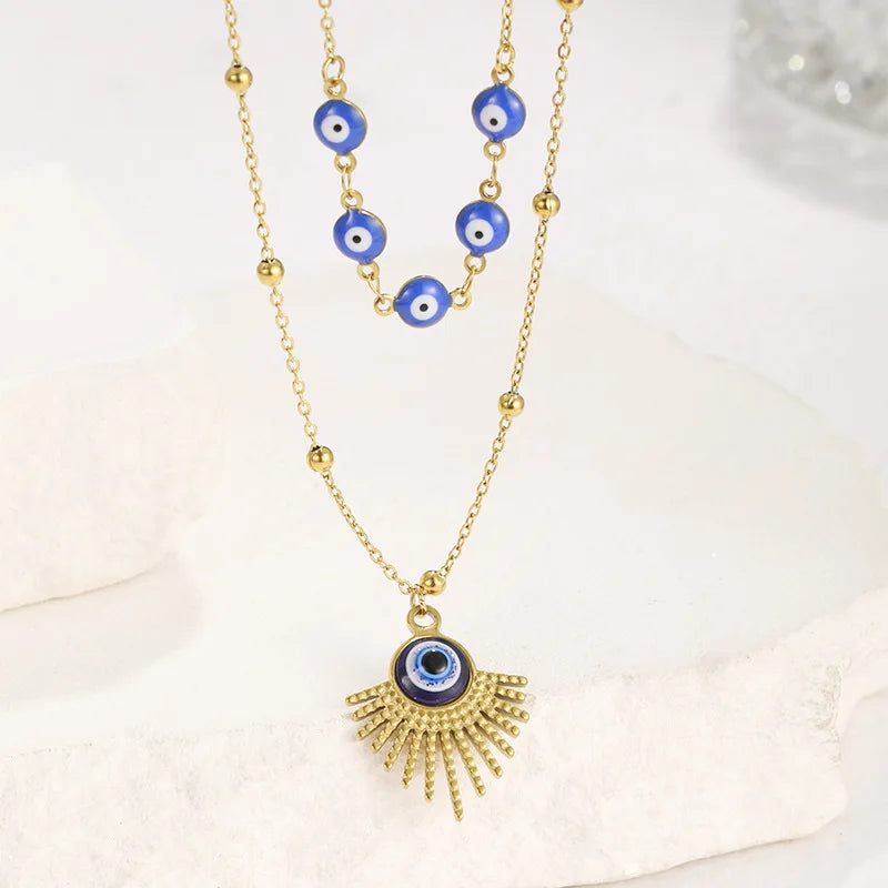 Trendy Double Layer Stainless Steel Blue Devil Eyes Women Necklace Fan Shaped Eye Pendent Jewelry Gold Titanium Steel Necklaces