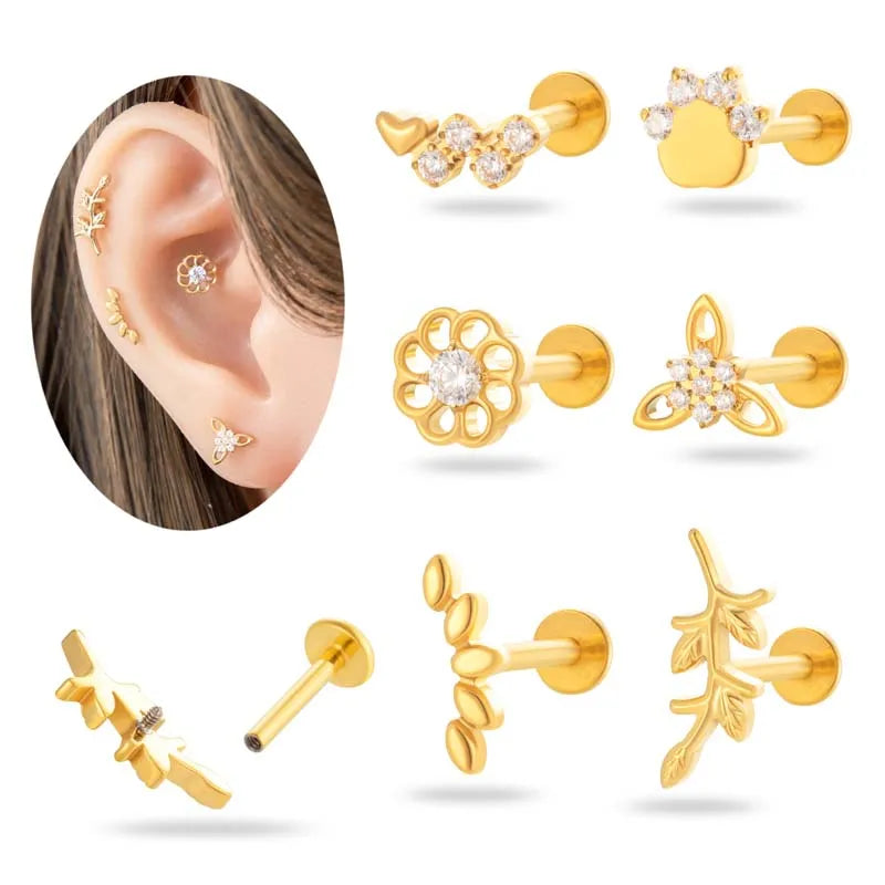 Waterproof  PVD Gold ASTM F136 Titanium Implant Grade Piercing Jewelry Internally Threaded FlatBack Cartilage Earring