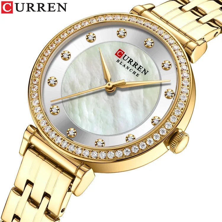 CURREN Women Watch 9087 Fashion Elegant Waterproof Quartz Watches Ladies Shell Dial Rhinestones Steel Band Lady Wristwatch
