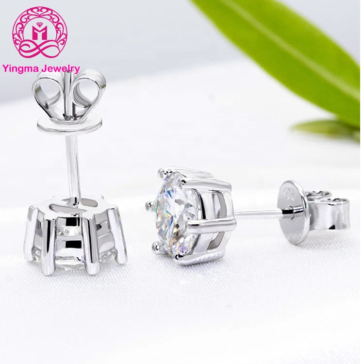 Fashion Style  0.5carat 1ct 6.5mm Classic Six Claws Four Claws 925 Silver Moissanite Earring