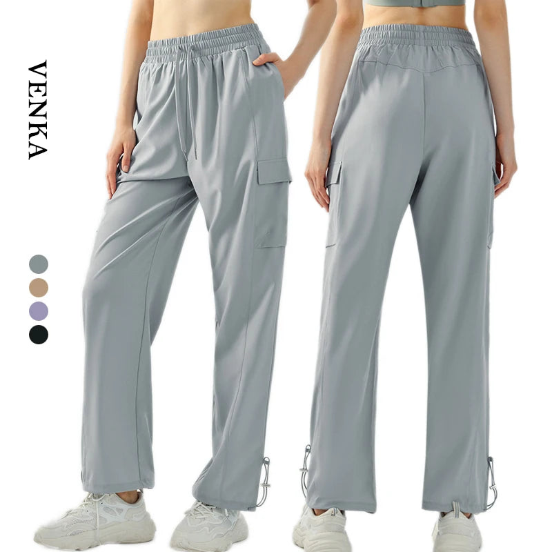Women's Summer Drawstring Loose Breathable Pants High Waist Wide Leg Casual Style Quick Drying Fitness Straight Trousers