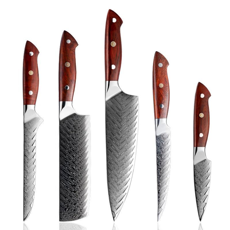 Grandsharp Japanese Damascus Steel Chef Knife Set High Carbon AUS10 Kitchen Knife With Rose Wood Handle