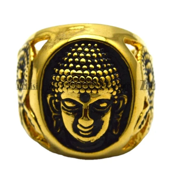 Vintage Style 18K Gold Plated Buddha Statue Stainless Steel Finger Ring for Men Stylish Pray Ring Sacred Jewelry