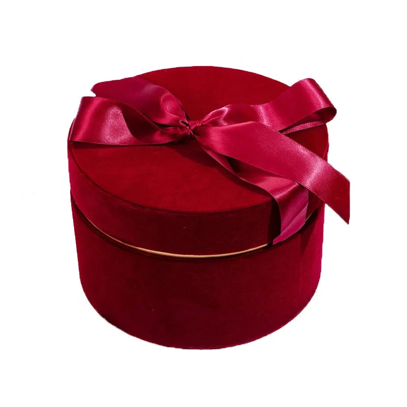 Eco Friendly Luxurious Velvet Red Christmas Wedding Top-lid Large Round Paper Gift Custom Cardboard Cylinder Packaging Box