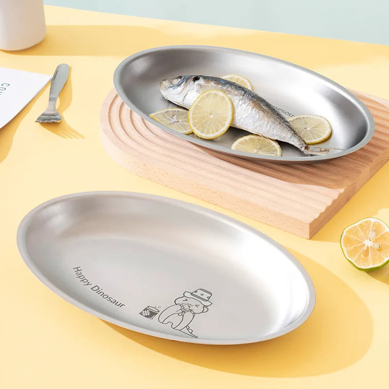 Cute Cartoon Stainless Steel Fish Plate Children's Oval Dinner Plate Home Stainless Steel Dinner Plate