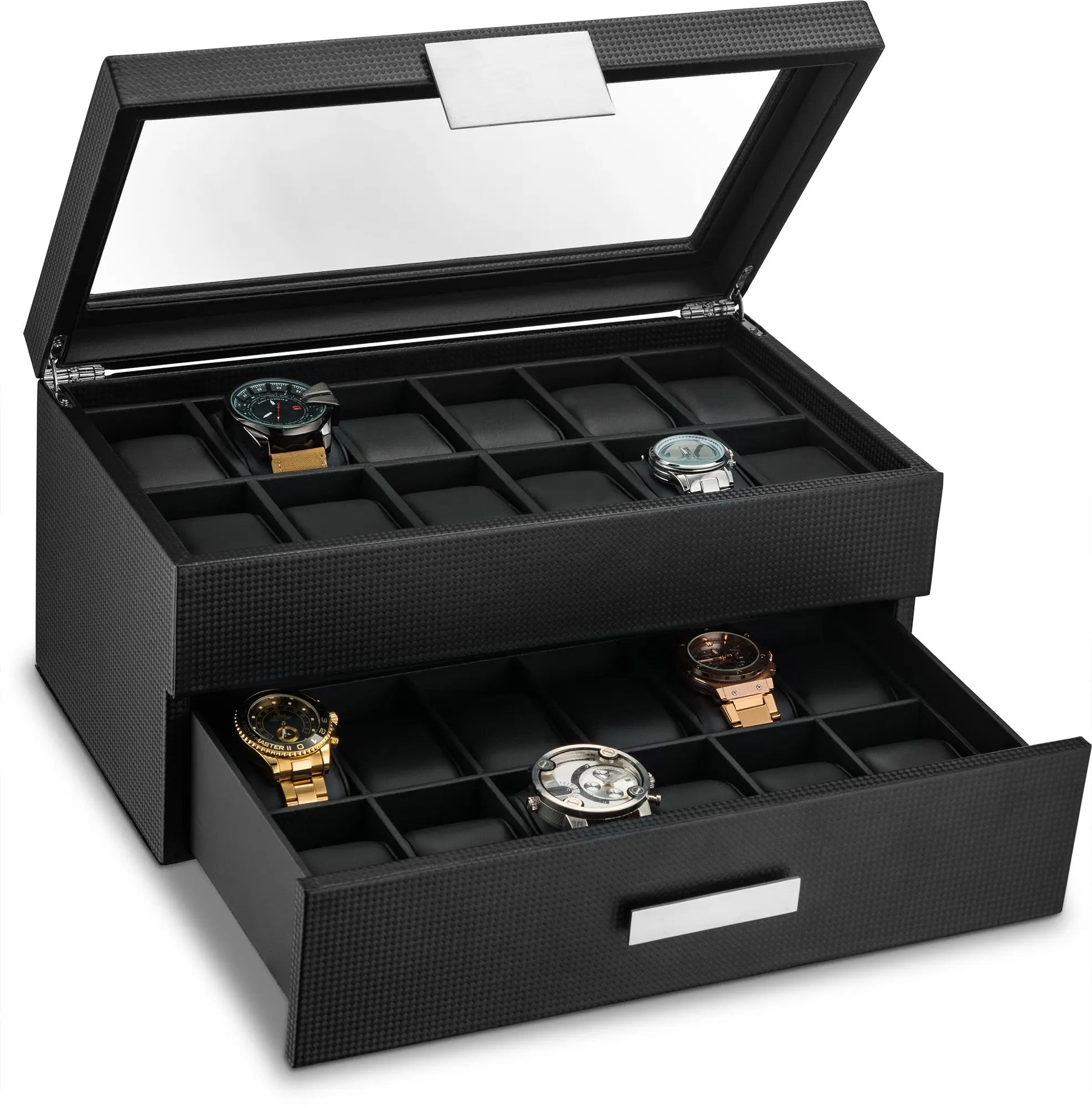 Watch Box Cases for Men 24 Slot Luxury Display Case Organizer Jewelry Watches Men's Storage Holder Drawer & Leather Pillows