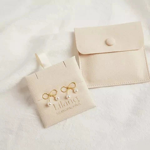 Custom Logo Jewelry Package Microfiber Snap Button Pouch Bags Jewellery Small Earrings Pouch Gift Bag with Insert Pad/Card