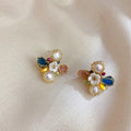 HOVANCI Crystal Flower Fresh Water Pearl Stud Korean 925 Sterling Silver Post Earrings Jewelry for Women