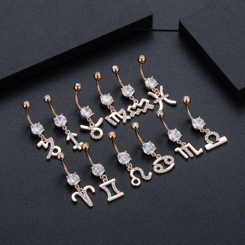 Rose Gold Plated Stainless Navel Piercing Jewelry CZ Zircon Dangle Belly Button Ring 316L Surgical Steel Zodiac Sign Belly Rings