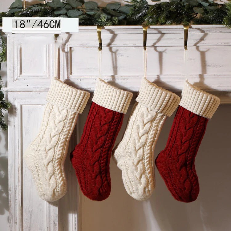 18" Large Cable Xmas Stockings Classic Burgundy Red Ivory White Chunky Hand Stockings Knit Christmas Stockings