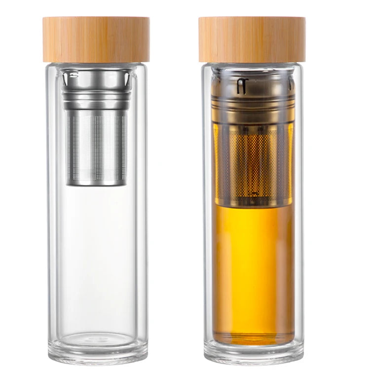High Borosilicate Glass Double Wall Heat Resistant Water Bottle Glass Tea Bottle for the Boiling Water Tumbler with Bamboo Lid