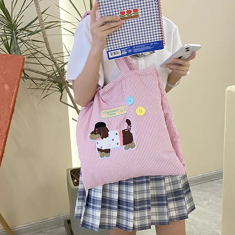 Retro Plaid Women's Quilted Shoulder Bag Cute Dog Button College Girls Commute Shopping Bags Large Capacity Ladies Casual Tote