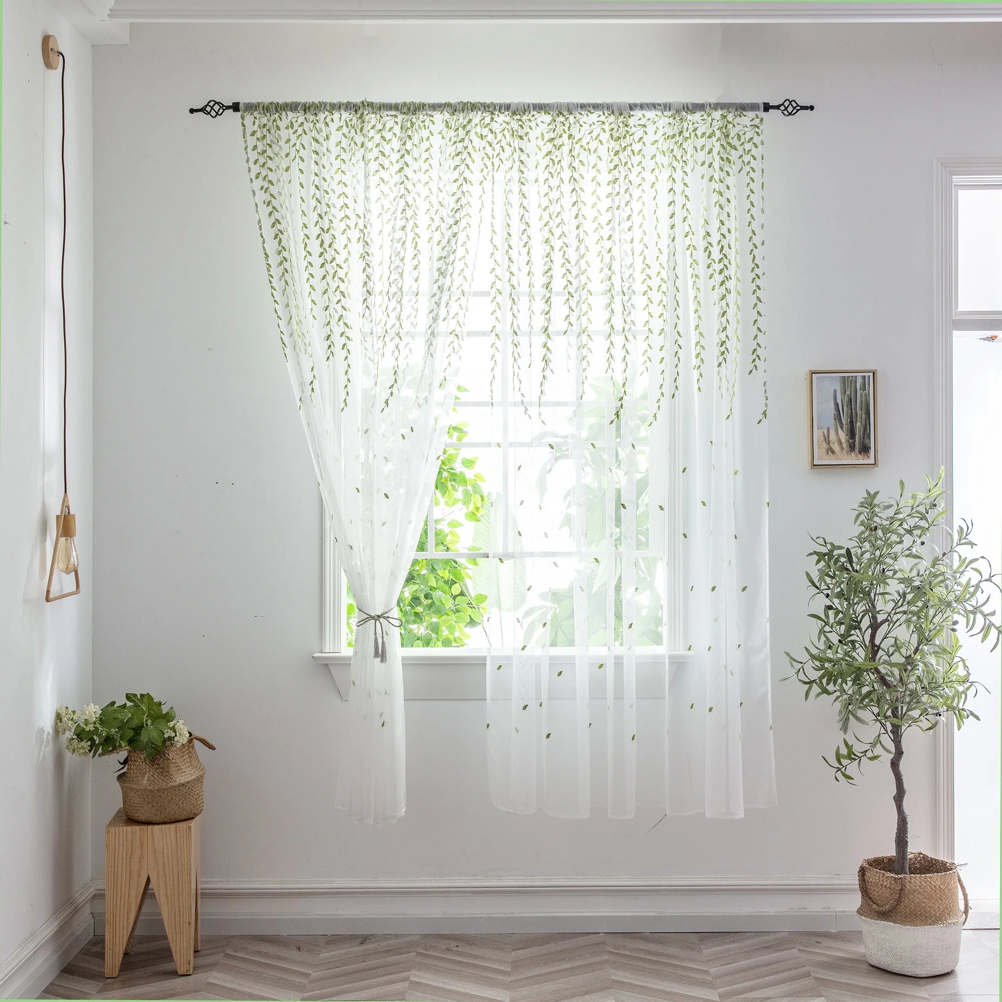 Ready Made Green Willow White Tulle Panel Drapes Salix Leaf Sheer Curtain with Rod Pocket for Living Room Cafe Balcony
