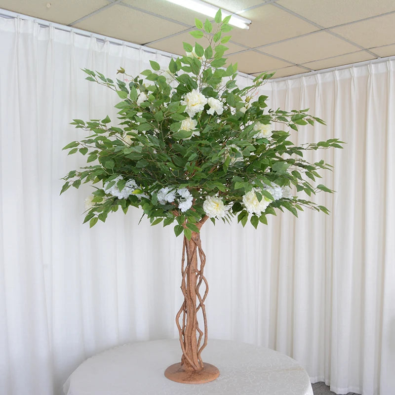Wedding Centerpieces Decoration Green Ficus Leaves Artificial Banyan Ficus Tree With Rose Cherry Blossom Flowers