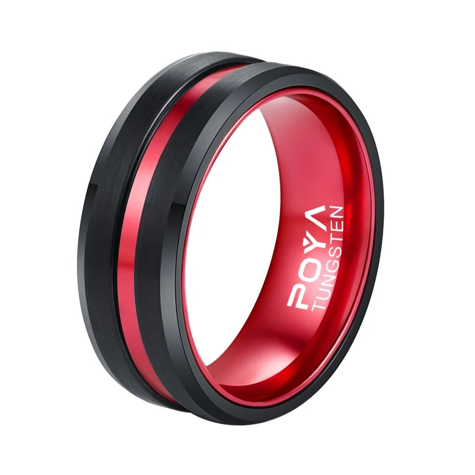 POYA TUNGSTEN Ring for Men Women 8 mm Black Plated Wedding Band Red Aluminum Liner Comfort Fit