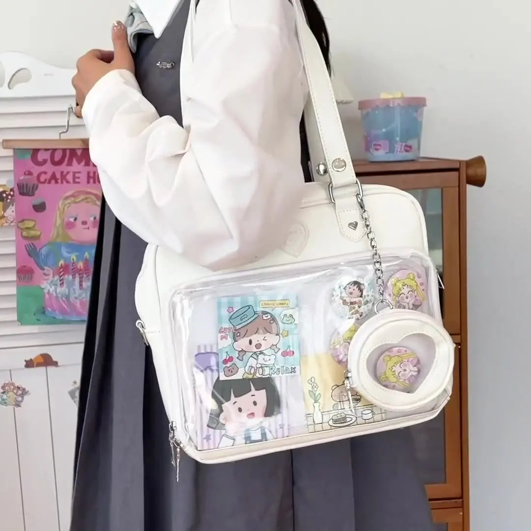 Kawaii PU Pain Bag Transparent Panel Otaku Tote Japanese School Style Cute Fandom Crossbody Bag