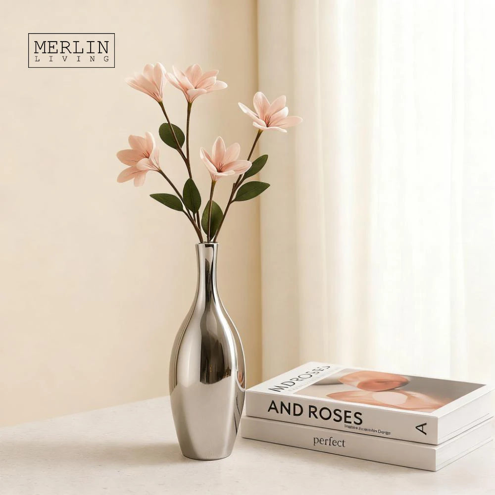 Merlin Living Glitter Mirrored Silver Gold Vase for Home Decor Modern Luxury Ceramic Vase Set Small Bottle Metallic Flower Vase