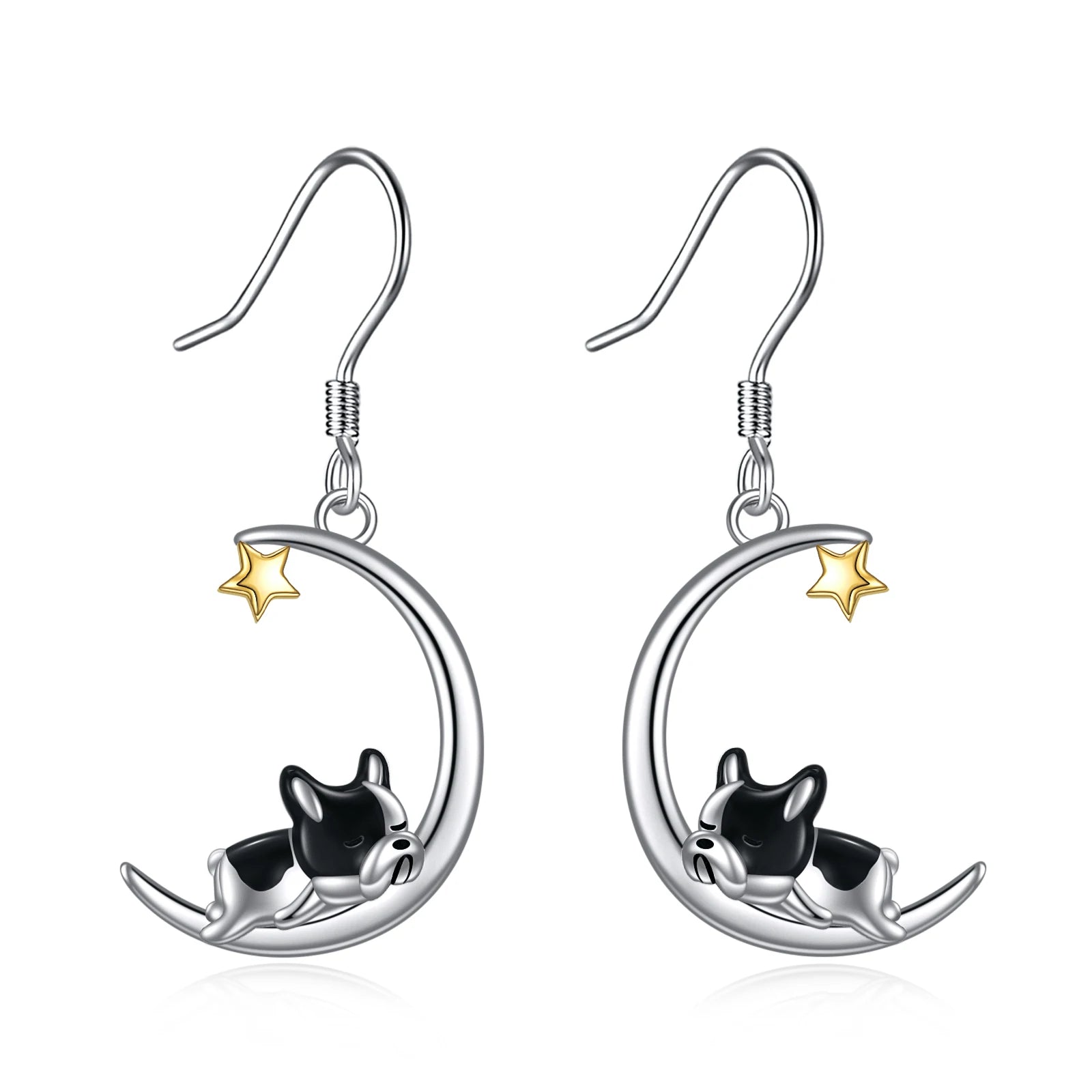 Fine Jewelry Custom 925 Sterling Silver Cute Animal Bulldog Moon Star Hook Pendant Earrings