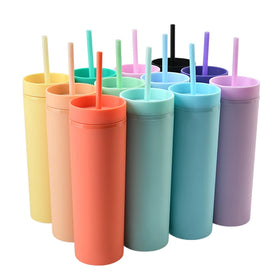 Custom Personalised logo Matte Skinny Tumblers with Straw Reusable Double Wall Insulated Plastic Vaso Tumbler