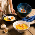 Customized Japanese Style 8 Inch Matte Ceramic Soup Bowl Set Embossed Round Ceramic Lamian Noodles Bowl Set
