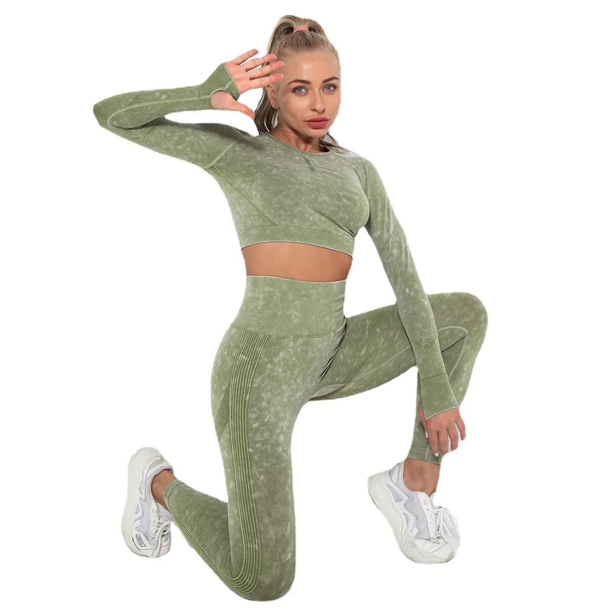2022 2PC Acid Washed Gym Crop Tops Scrunched Butt Yoga Sets Seamless Long Sleeve Legging Yoga Sets for Women