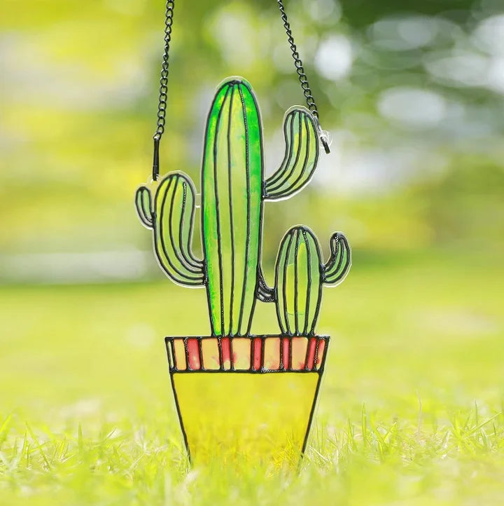 Cactus Catcher Stained Glass Pendant Window Ornament Wall Art for Home Decor Wind Chimes Wind Chime Ornament