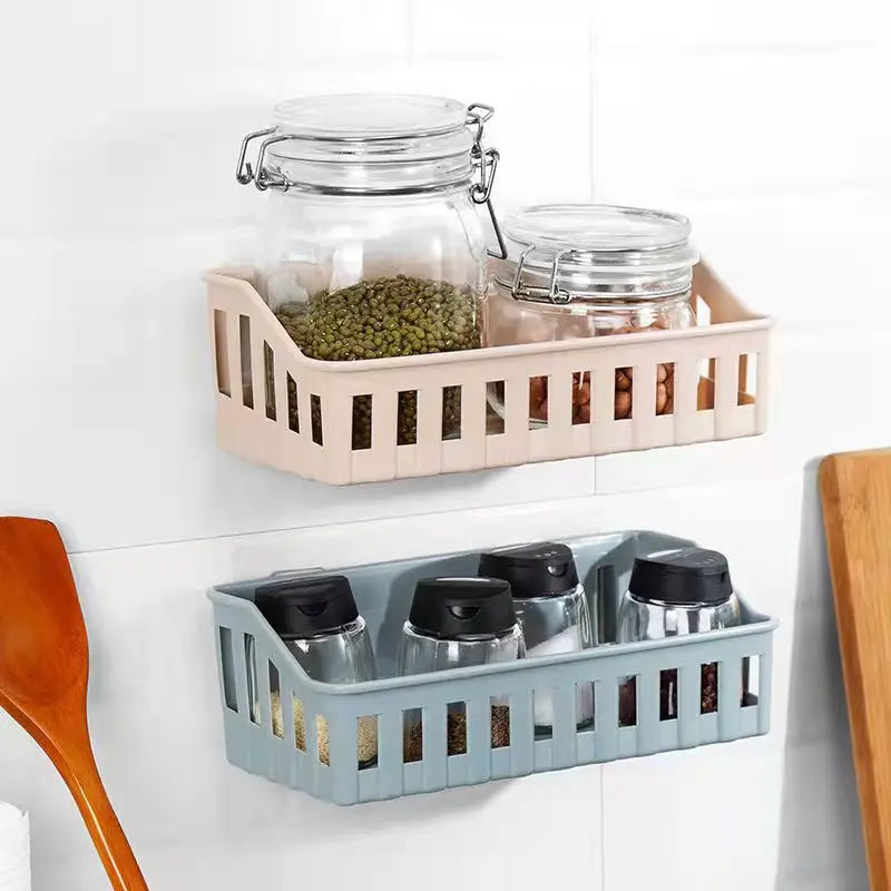Plastic Wall Mount Storage Rack Basket Perforation-Free Bathroom Shelf for Household Items Kitchen Tools for Spices Food Storage