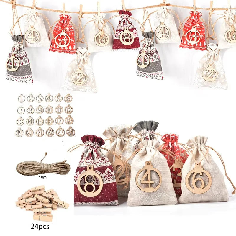 Cotton Linen Christmas Advent Calendar Bag Customized Logo Christmas Countdown  Hanging Bag for Gift Jewelry Candy Home Decor
