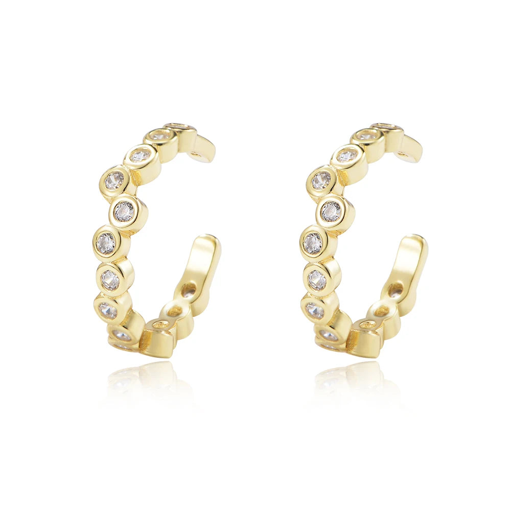 Latest Luxury 14K Gold Plated 925 Sterling Silver C-Shape Cuff Earrings with Zirconia Diamond Stone for Parties Trendy Design