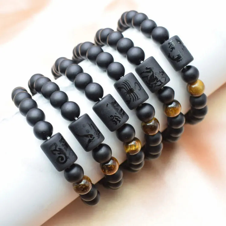 SC Hot Selling 8mm Natural Black Frosted Stone Beaded Men Bracelet Minimalist 12 Zodiac Sign Pattern Couples Bracelets Gifts