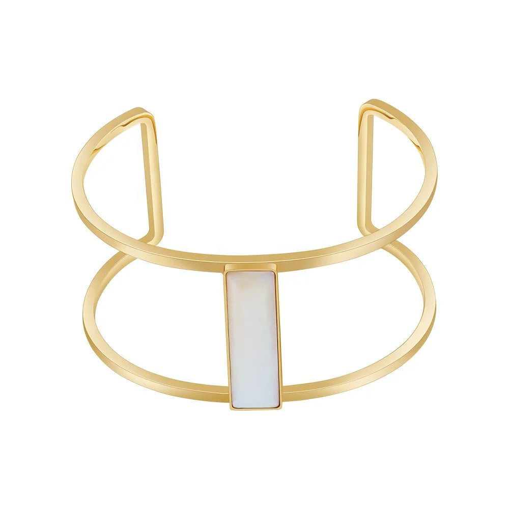 PVD 18K Gold Plated Stainless Steel Jewelry Geometric H Letter Design Shell Open Bangle for Women Punk Cuff Bracelet B232375