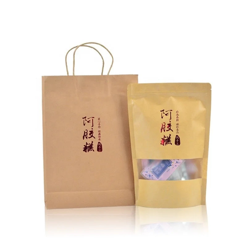 16*26+4CM Brown Kraft Paper Resealable Stand up Pouch Resealable Food Zipper Bags with Window