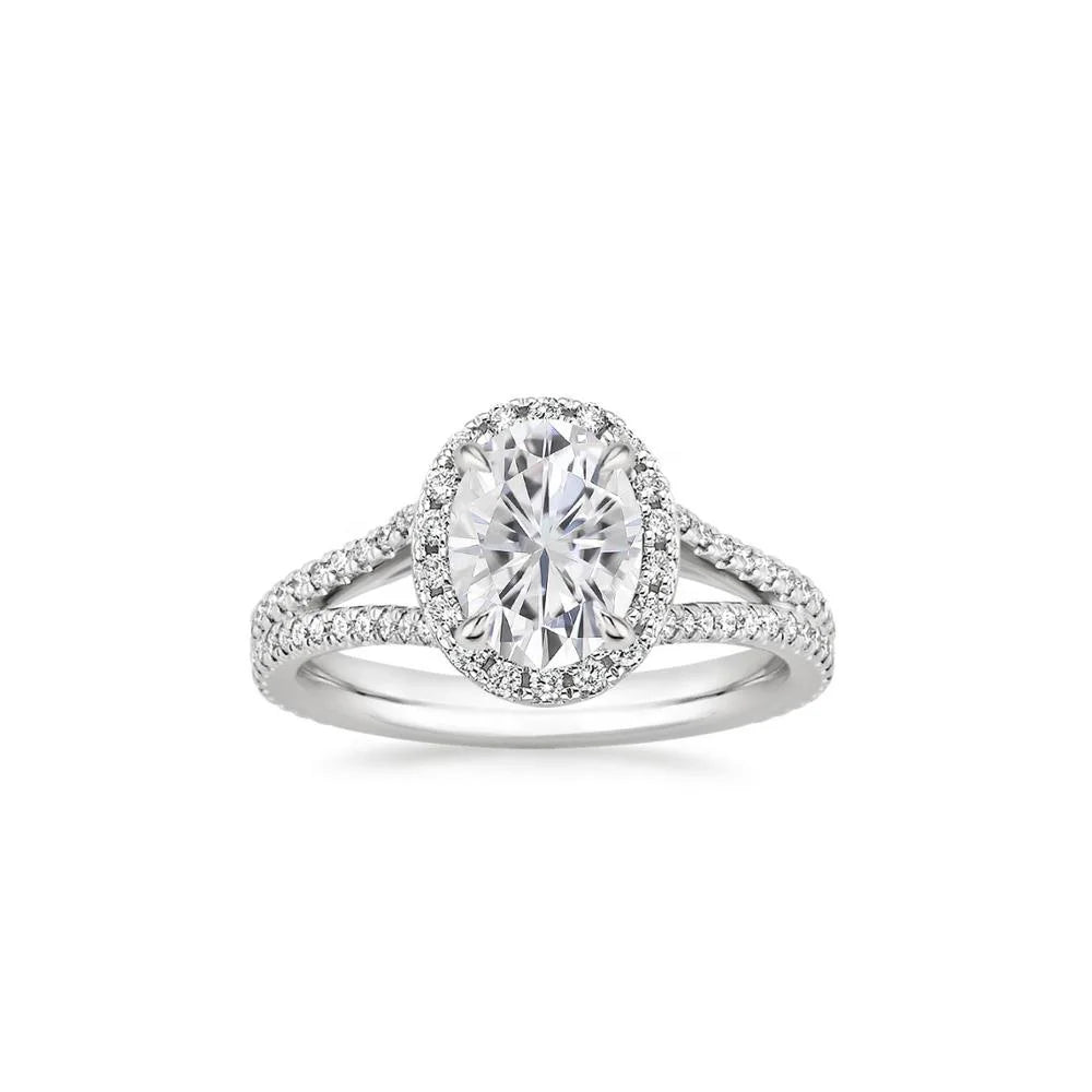 Two-Row Pave Diamond Split Shank Band with Halo Engagement Moissanite Ring Jewelry