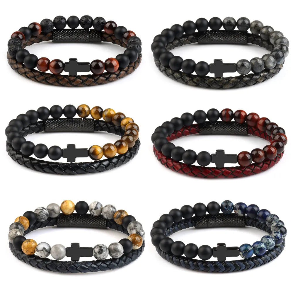 Vintage Genuine Leather Stainless Steel Cross Charm Gemstone Beads Men Leather Bracelet Set