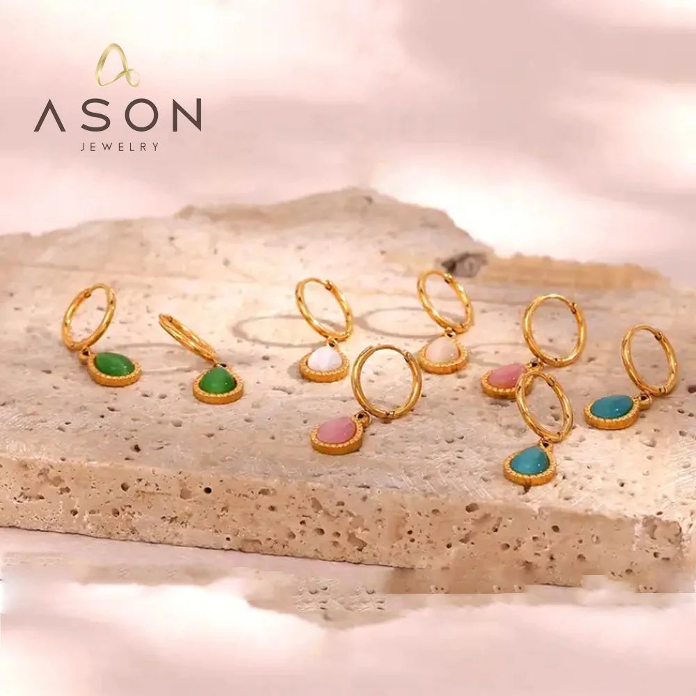 Ason Wholesale Fashion Jewelry Simple Water Drop Green Pink Opal Stainless Steel 18K Gold Plated Charm Hoop Earrings Women's