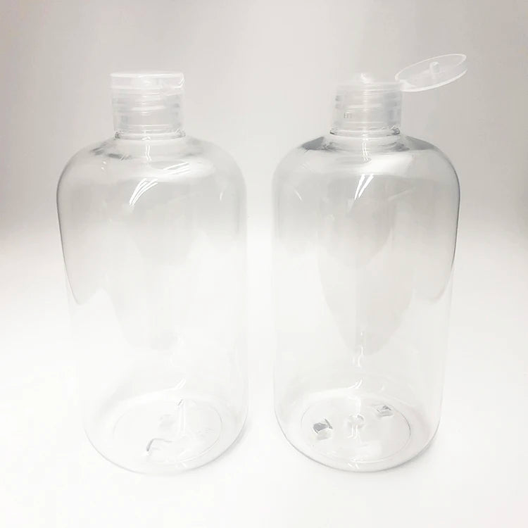 Empty 500ml / 16 oz Plastic PET clear boston Shaped Bottle with Flip Top Cap Lid for Liquid Soap Cosmetic Water Oil