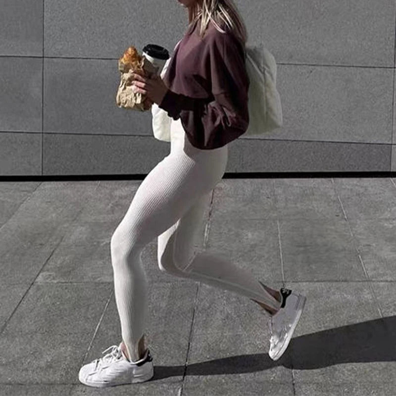 2025 Custom High Waist Bodycon Pants for Women White Ribbed Ladies Skinny Trousers Elastic Waist Closure Anti-Static Feature